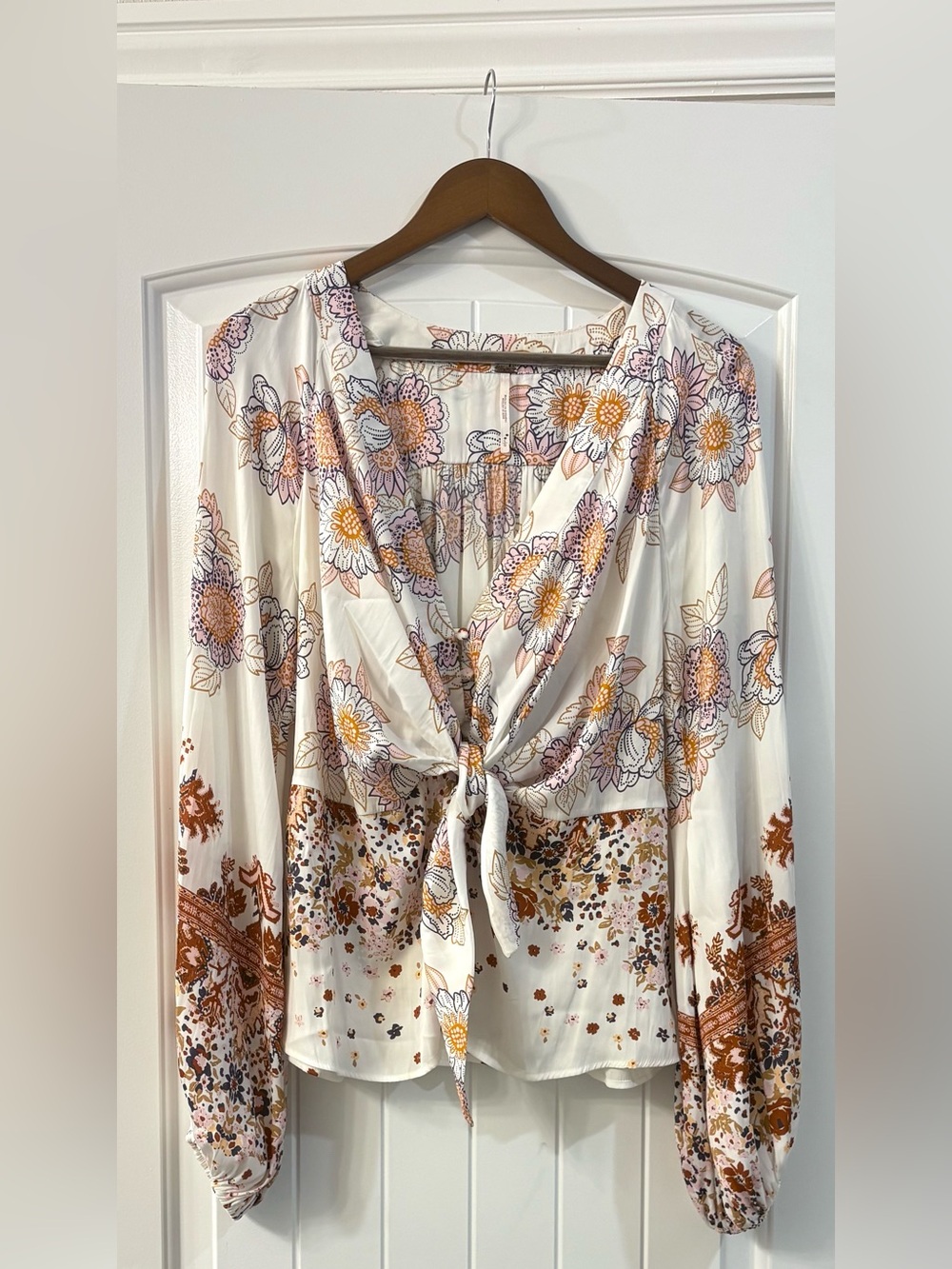 Free People Run Free Blouse Floral Boho Tie Front Top L